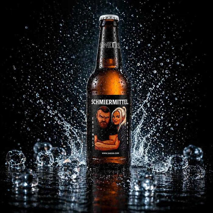 Snegis Schmiermittel Flasche zwischen Eiswürfeln auf schwarzem Grund