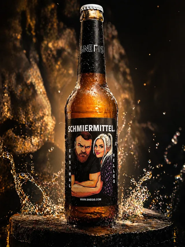 Snegis Schmiermittel Flasche mit Etikett „Erstmal Helles“ vor spritzendem Bier