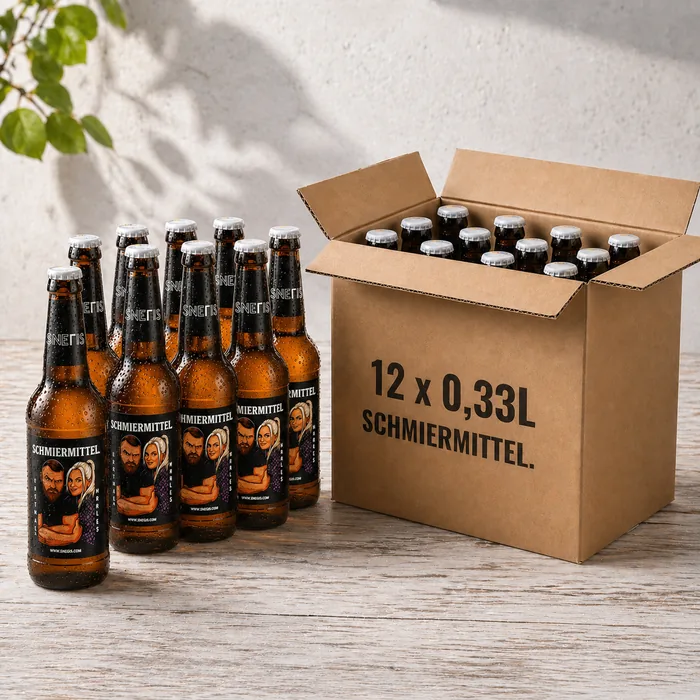 12 Flaschen Snegis Schmiermittel neben einem Karton „12 x 0,33L Schmiermittel.“